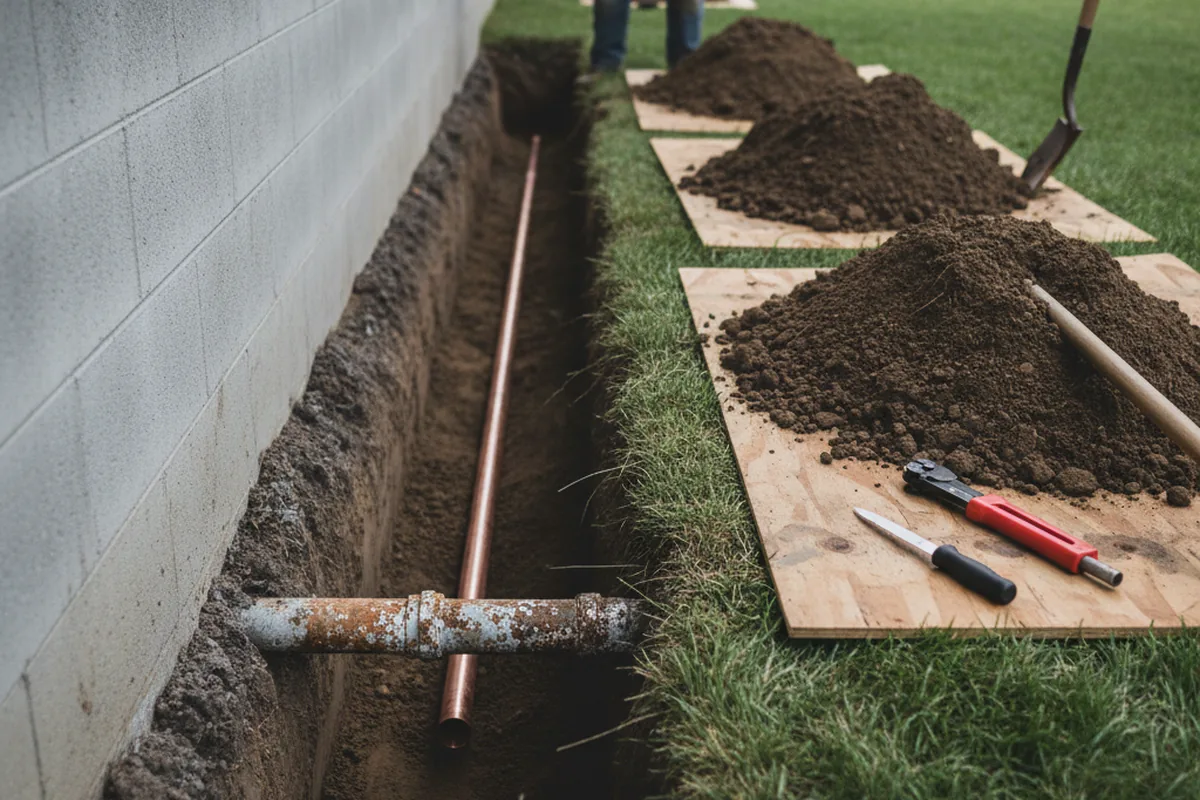 Excavated water line trench during Sewer Line Repair in Rusk